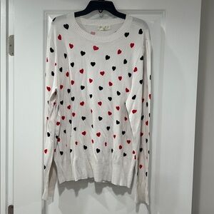 Marled White Sweater with Red and Black Hearts